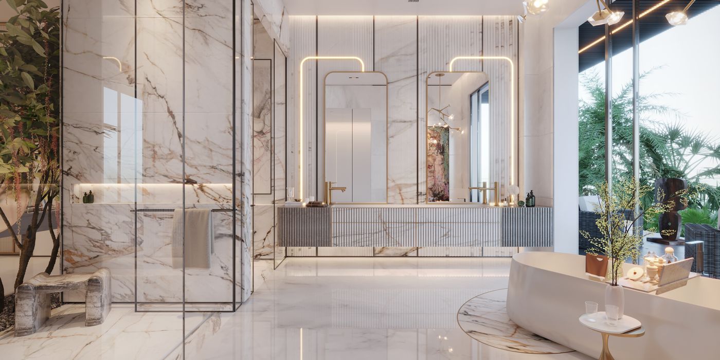 Luxurious marble hotel bathroom interior with premium fixtures and elegant design