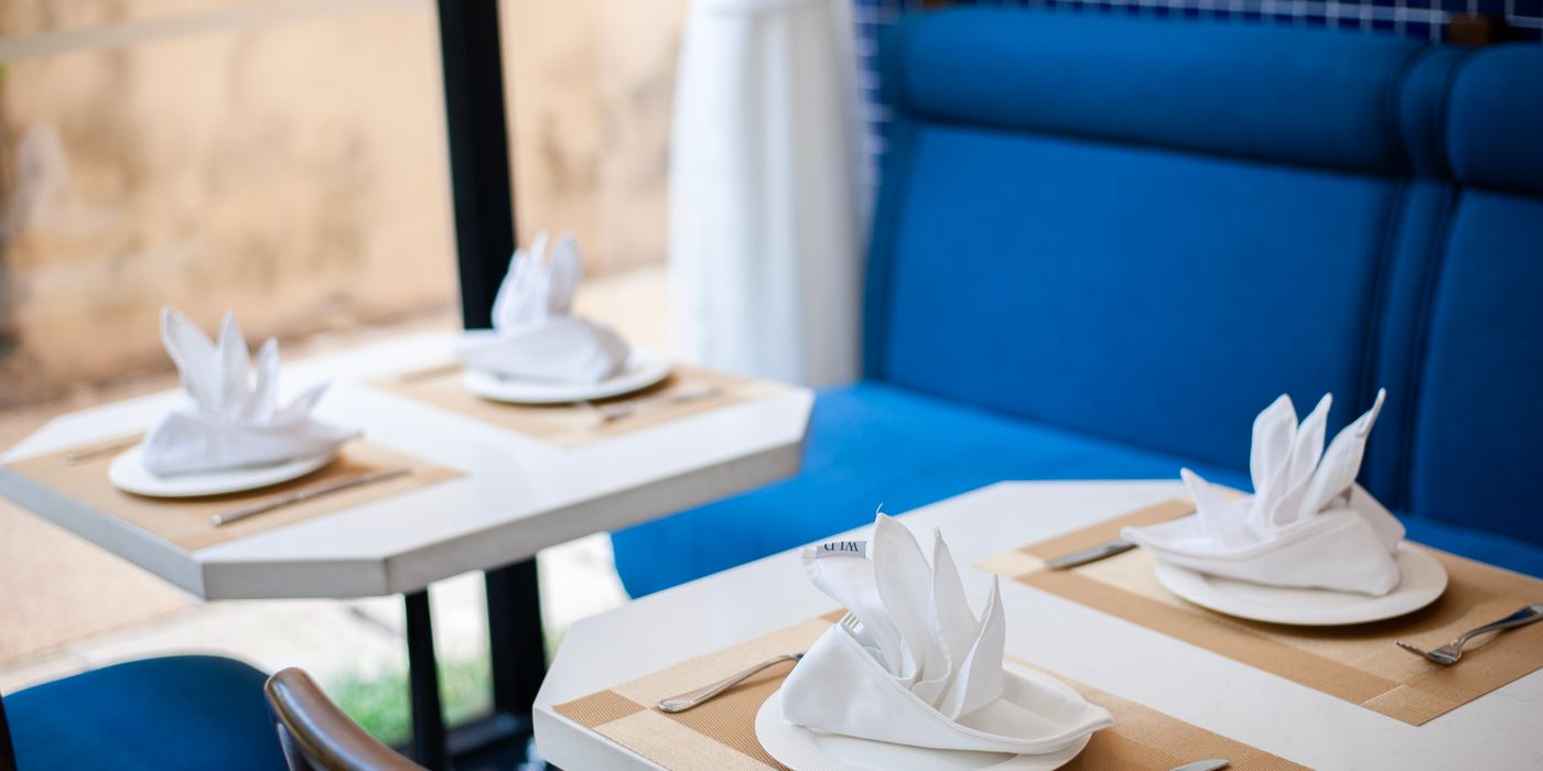 Elegantly set restaurant table with folded napkins and fine dining ambiance
